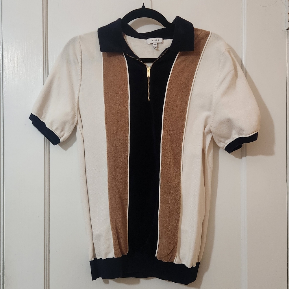 Reiss Navy and Tan Zipper Polo
